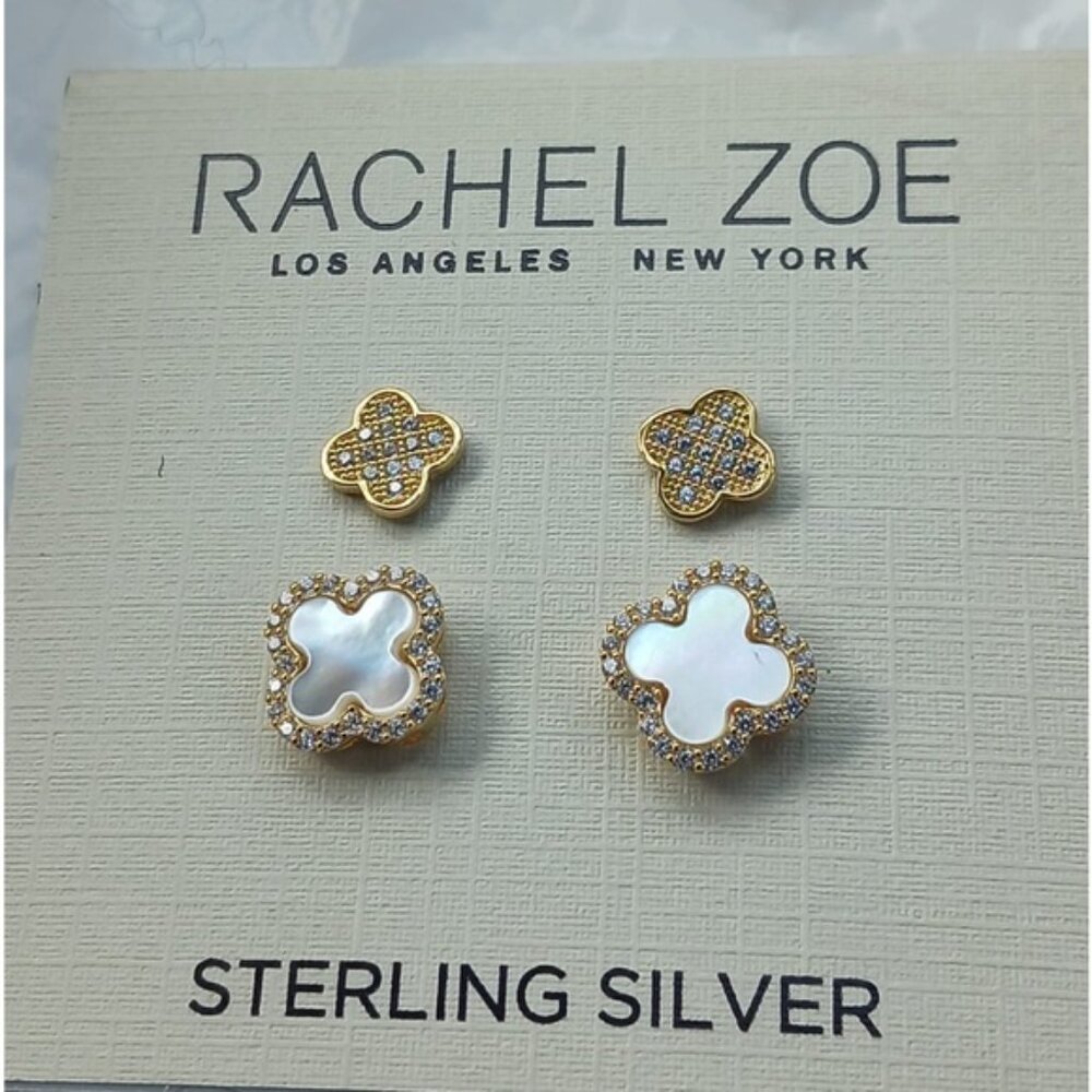 Rachel Zoe Set of 2 Mini earrings Clover Sterling silver 925 Gold Plated - Picture 7 of 13